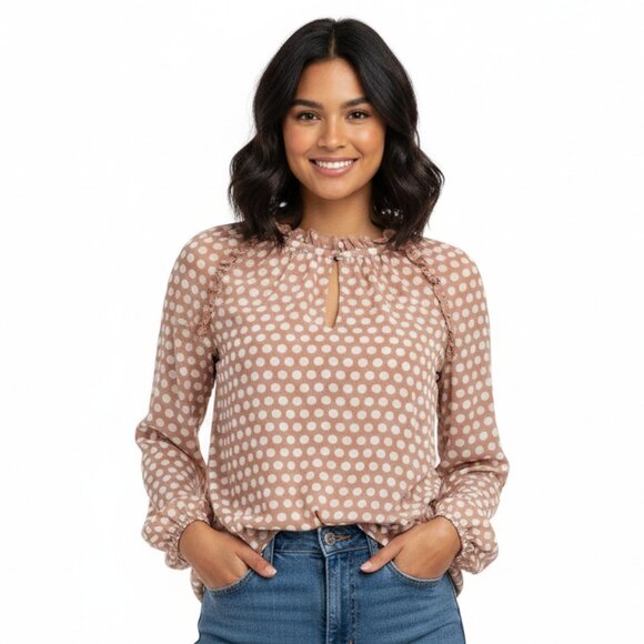 Rose & Olive Tops - Rose + Olive | Pink Long Sleeve Ruffle Collar Polka Dot Blouse | Size Small